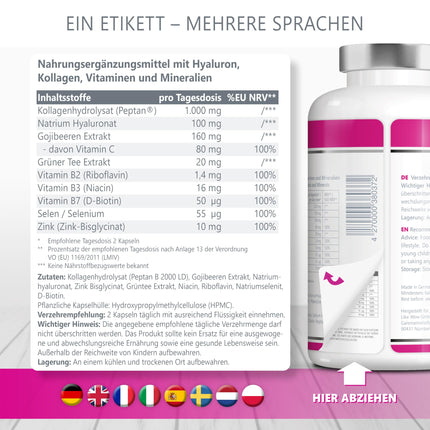 Premium Collagen Hyaluronic Acid Complex - with the superfood goji berry and green tea - 180 collagen capsules from grass-fed beef. 1000mg collagen hydrolysate, biotin, selenium, zinc, vitamins C, B2, and B3.