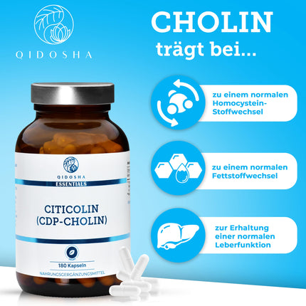 QIDOSHA® CDP Choline (Citicoline) Capsules, 180 Capsules in a Pharmacy Glass, Full 250mg Citicoline/CDP Choline per Capsule, Vegan, Laboratory Tested, German Production, Citicoline CDP Choline 250mg