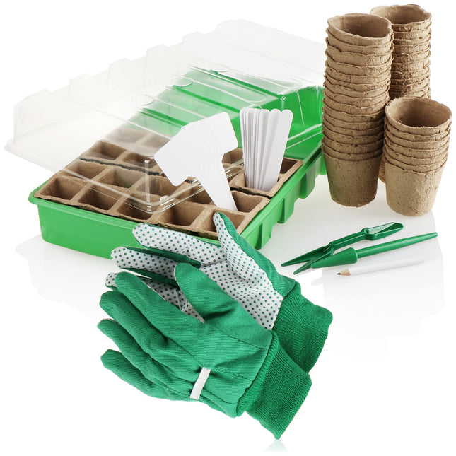 com-four® 68-piece plant growing kit - indoor greenhouse for growing plants - indoor and outdoor growing kit - planter with seedling pots and accessories (68-piece - growing kit green/white)