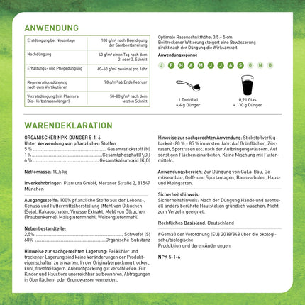 Plantura Organic Lawn Fertilizer Spring/Summer, 100% organic long-term fertilizer for a lush green lawn, effective for 3 months, healthy lawn, displaces moss and weeds, low-dust granules, 10.5 kg for 250 m²