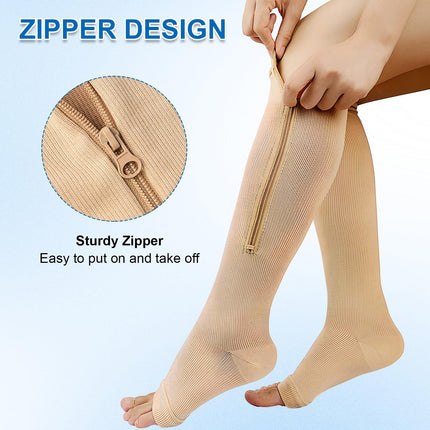 Naapesi 2 Pairs Compression Stockings with Zipper, Compression Socks with Zipper, Calf Height, Support Stockings with Open Toes for Varicose Veins, Edema, Recovery, Pregnancy