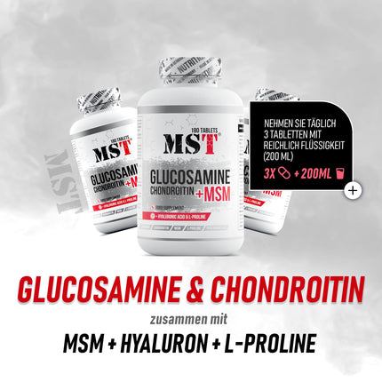 Glucosamine Chondroitin MSM + Hyaluronic Acid + L-Proline | Dietary supplement for joints, cartilage, osteoarthritis, and rheumatism | Supports collagen production | 180 tablets | MST NUTRITION Made in Germany