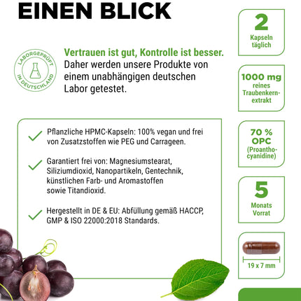 OPC Grape Seed Extract - 300 Capsules - 1000mg extract with 700mg OPC - Highest OPC content according to HPLC - Laboratory-tested OPC from European grapes - Vegan - High dosage