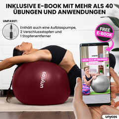 unycos - Exercise Ball 75 cm Seat Ball Training Ball for Yoga, Fitness, Medicine Ball, Balance Ball, Core Training Strength, Pilates Ball | Includes Pump, BPA-Free, Anti-Burst (Dark Pink with Logo)