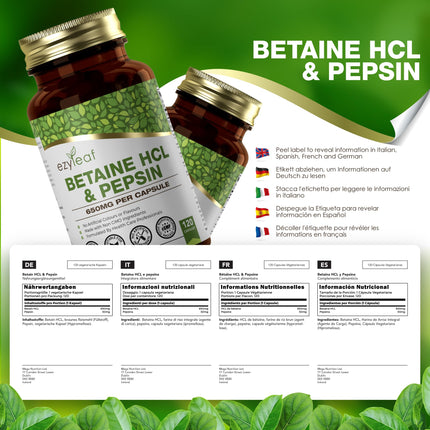 Ezyleaf Betaine HCL Pepsin 680mg | 120 Vegan Betaine HCL Capsules | Betaine Hydrochloride with Pepsin | Digestive Enzymes | No Artificial Ingredients | ISO Certified, Gluten &amp; GMO Free | From the UK