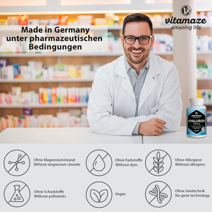 High-dose hyaluronic acid capsules, 300 mg per capsule, vegan, 3-month continuous supply, high bioavailability: low molecular weight 500-700 kDa, dietary supplement without additives, made in Germany