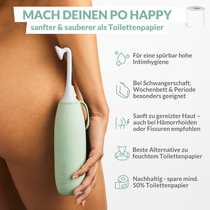 Hey Nature Po Shower Mint, a portable bidet for gentle, hygienic cleansing of the intimate area. A pod shower for postpartum relief, hemorrhoid relief, and as an alternative to moist toilet paper.