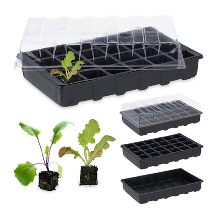 Relaxdays indoor greenhouse, set of 3, mini greenhouse for windowsill, 24 compartments each, growing tray with lid, black, plastic