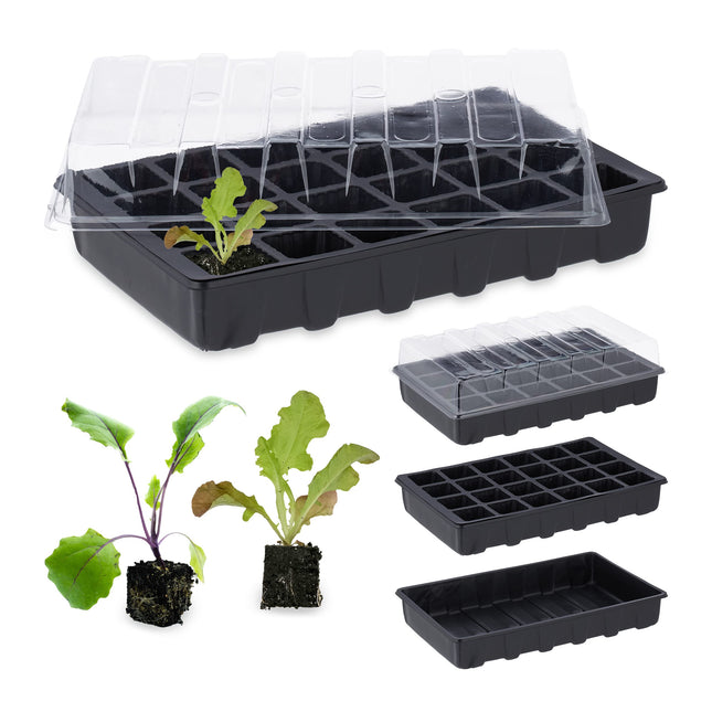 Relaxdays indoor greenhouse, set of 3, mini greenhouse for windowsill, 24 compartments each, growing tray with lid, black, plastic