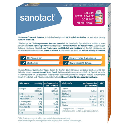 sanotact Brewer's Yeast Tablets (400 Tablets) • 100% natural brewer's yeast, vegan • With biotin for beautiful hair &amp; healthy skin • 6 B vitamins • Also suitable for dogs • Yeast tablets