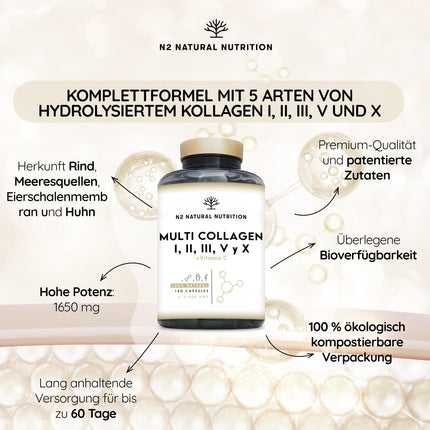 Multi Collagen Capsules High Dose 1650mg Enriched with Vitamin C. Hydrolyzed Collagen Peptides Types I, II, III, V, and X. 180 Capsules. For skin, hair, bones, and joints. N2 Natural Nutrition