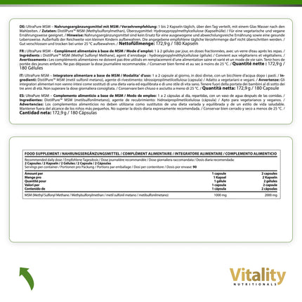 MSM High Dose, Ultra Pure MSM Capsules with 1000 mg Methylsulfonylmethane, 180 Capsules for 6 Months, No Unnecessary Additives Vitality Nutritionals by VitaminExpress