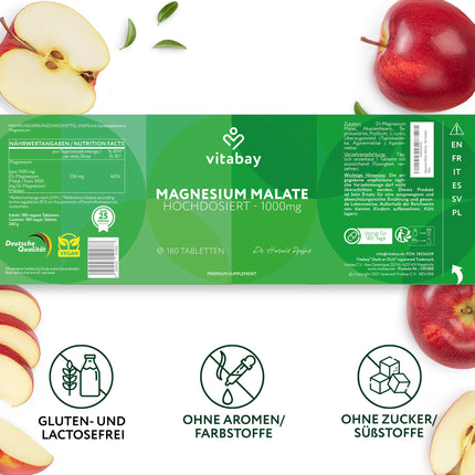 Vitabay Magnesium Malate 1000mg High Dose - 180 Tablets Vegan &amp; Laboratory Tested - Magnesium High Dose Capsules - Contributes to normal energy metabolism and normal muscle function
