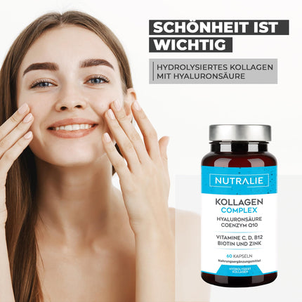 Collagen Capsules Complex + Q10 Hyaluron - High Dose - Joints Skin - Biotin Vit CD B12 Zinc - Collagen Hydrolysate in 60 Capsules - Nutralie