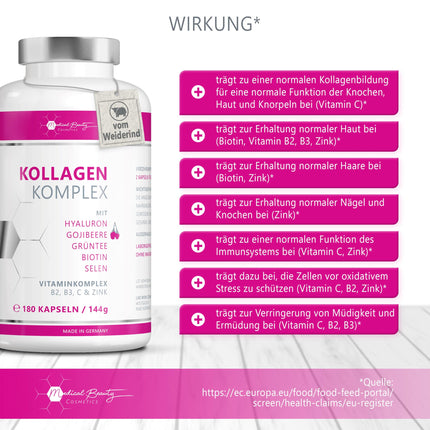 Premium Collagen Hyaluronic Acid Complex - with the superfood goji berry and green tea - 180 collagen capsules from grass-fed beef. 1000mg collagen hydrolysate, biotin, selenium, zinc, vitamins C, B2, and B3.