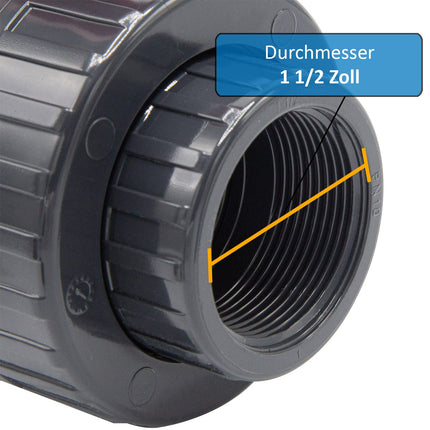 PVC ball valve with internal thread I 1 1/2" x 1 1/2" I Screw connection for connectors with external thread I 2-way shut-off valve I PVC pipe connector I Ball valve for pool and pond construction I bm038