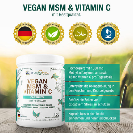 Pharmavital Vegan MSM &amp; Vitamin C Capsules from Germany (400 capsules) high dose with 1000mg methylsulfonylmethane per capsule