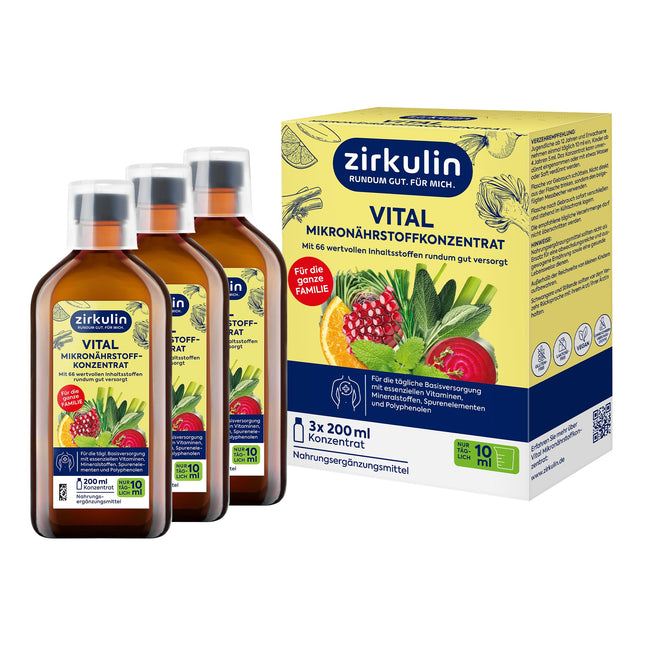 Zirkulin Vital Micronutrient Concentrate (3x200ml) – 60-day supply – 66 vital substances from fruits, vegetables &amp; herbs – Valuable polyphenols – Vitamins &amp; minerals for the family