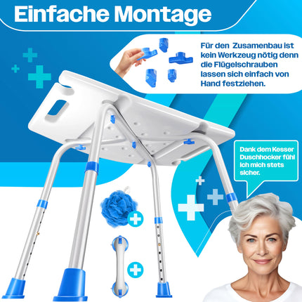 KESSER® Shower Stool, Height-Adjustable | Lightweight Bath Stool with Non-Slip Rubber Feet, Shower Chair, 136KG Load Capacity | Shower Aid for Seniors | Suction Cup Grab Handle, Bathtub Handle | Shower Seat with Shower Holder