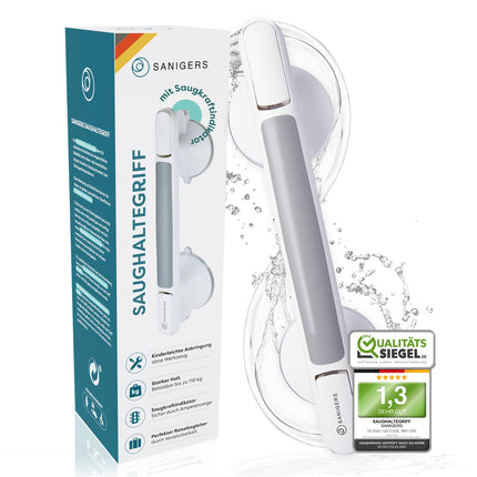 SANIGERS® Grab bar with suction cup - Extra strong hold 110 KG - Grab bar for shower without drilling, grab bars for seniors, bathtub handle without drilling, shower handle with suction cup, suction handle bathroom