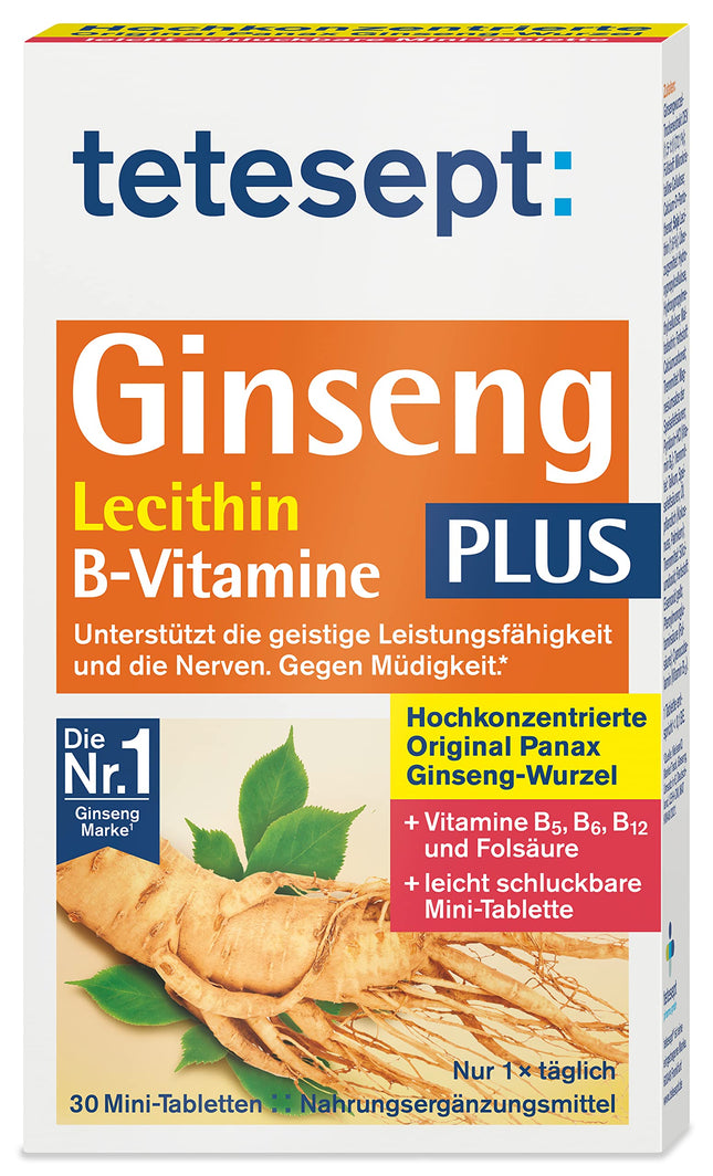 tetesept Ginseng plus Lecithin + B Vitamins - High Dose - Dietary Supplement to Support Nerves and Vitalize the Body Thanks to B Vitamins - 1 x 30 Mini Tablets