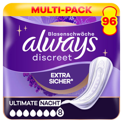 Always Discreet Incontinence Pads Ultimate Night Monthly Pack for Bladder Weakness, 96 Pads (Value Pack 8 Packs x 12)