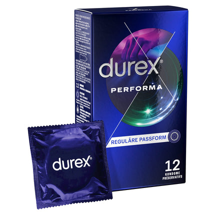 Durex Performa Condoms – with 5% benzocaine gel &amp; anatomical easy-on shape with reservoir for a comfortable fit – 12-pack (1 x 12 pieces)