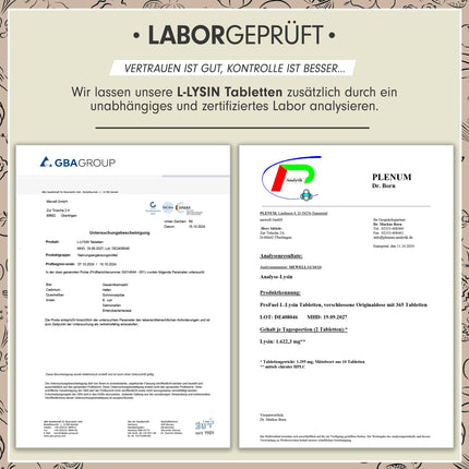 L-Lysine Tablets 365x - optimally high-dose with 2000 mg lysine HCL per day, of which 1600 mg pure L-Lysine - essential amino acid from fermentation - 100% vegan - laboratory-tested with certificate