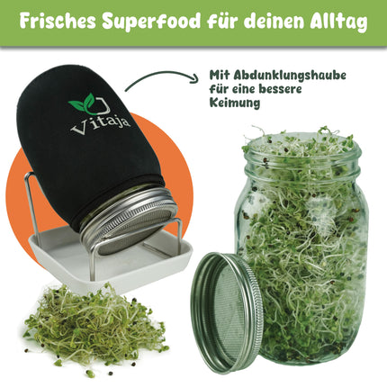 Vitaja sprouting jar set with ceramic bowl - 1 set for sprout cultivation - (incl. darkening cover) - sprouting jars for sprout cultivation - dishwasher safe - cultivation set for the windowsill