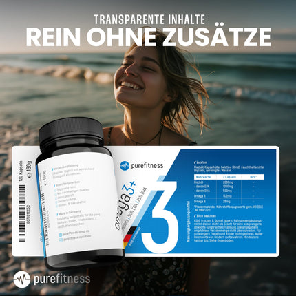 Purefitness Omega 3 Capsules HIGH DOSE [2000 MG DAILY DOSE] - Fish Oil Omega 3 with EPA &amp; DHA - 120 Capsules - Made in Germany
