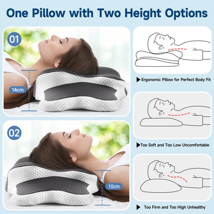 YunNasi Memory Foam Pillow, Ergonomic Neck Support Pillow, Orthopedic Pillow, Side Sleeper Pillow, for Side, Back &amp; Stomach Sleepers with Washable Cooling Ice Silk Cover