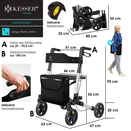KESSER Rollator Aluminium Set, lightweight travel rollator with full equipment, 3-way foldable for trunk, travel and flight, height adjustable, belt, cane holder, walking frame, walking aid