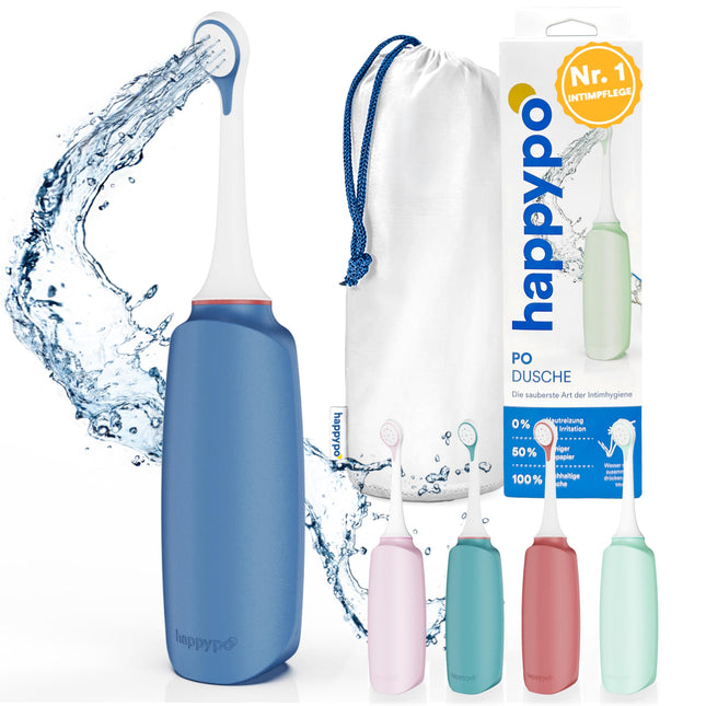 HappyPo Butt Shower with Storage Bag, Optimized Design, Gentle on Sensitive Skin, for Women, Men, and Children, for Buttocks and Intimate Area, Gentle and Clean - Plastic - Blue