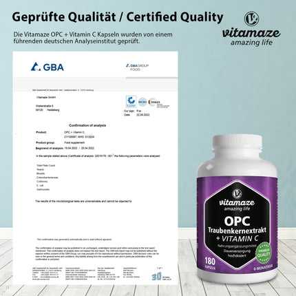 OPC grape seed extract capsules, certified, high-dose: 450 mg pure OPC, 180 capsules for 6 months, natural food supplement without additives, Made in Germany
