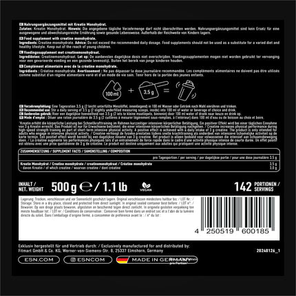 ESN Ultrapure Creatine Monohydrate, 500 g, 142 servings, microfine and perfectly soluble - made in Germany (packaging may vary)