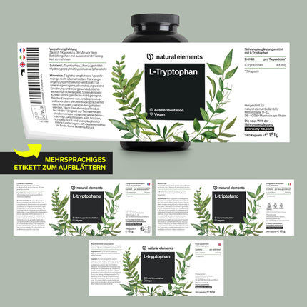 L-Tryptophan - high dose with 500mg per capsule - 240 vegan capsules - 8-month supply - From plant fermentation - Laboratory tested, no unwanted additives, vegan