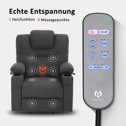 M MCombo TV chair with electric stand-up aid, 2 motors, backrest and legrest separately adjustable, one button to reset, massage chair with heat function 7565 (microfiber, dark gray)