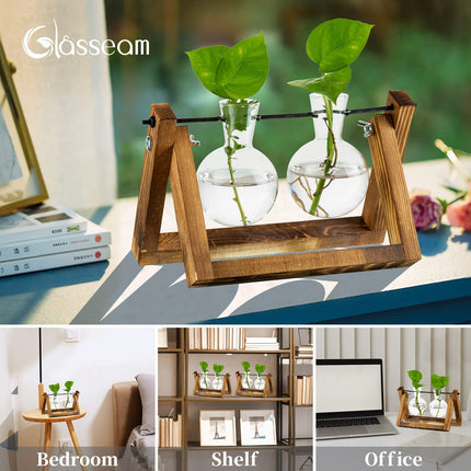 Propagation Station For Plants Upgrade Bulb Vase Planter With Wooden Stand Glass Flower Pot Indoor For Table Decoration Vintage Home Office Accessories, 2 Bulbs