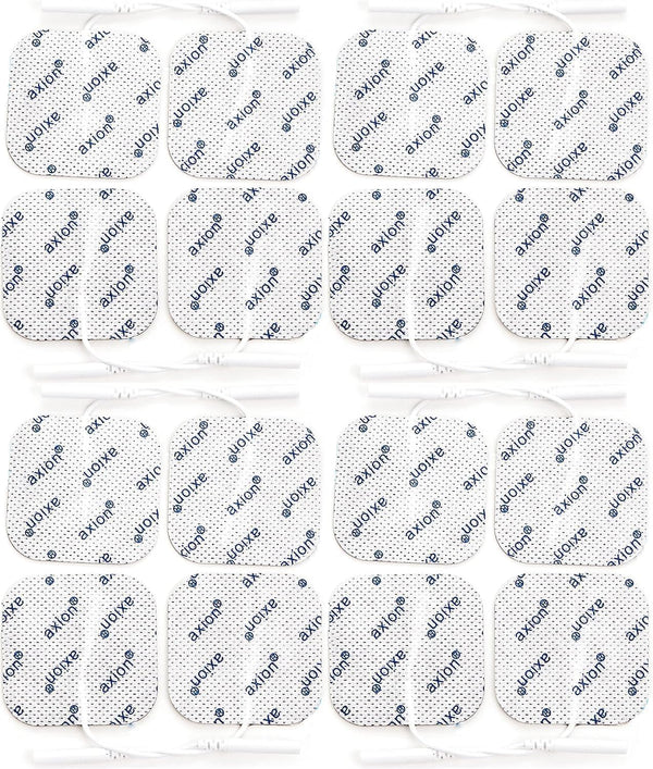 16 TENS EMS electrode pads 5x5 cm, reusable adhesive electrodes for TENS devices &amp; EMS trainers, excellent adhesive conductivity, 2mm plug connection - certified medical device - axion®
