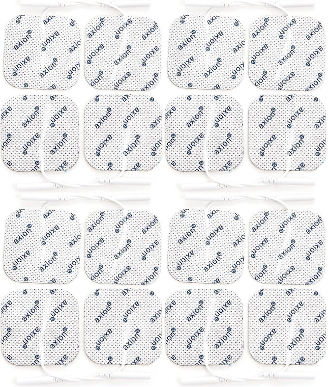 16 TENS EMS electrode pads 5x5 cm, reusable adhesive electrodes for TENS devices &amp; EMS trainers, excellent adhesive conductivity, 2mm plug connection - certified medical device - axion®
