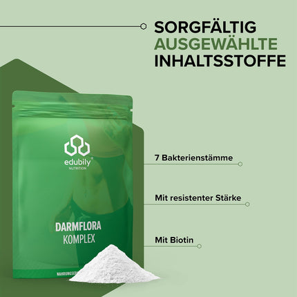 edubily nutrition® intestinal flora complex - resistant dextrin with biotin &amp; 7 bacterial cultures. L. plantarum, L. reuteri, S. thermophilus, B. lactis, B. longum, B. infantis &amp; B. adolescentis - 250g