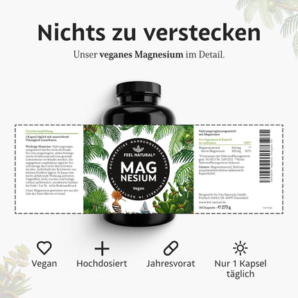 High-dose magnesium capsules - 365 capsules (year's supply) - 664mg per capsule, including 400mg elemental magnesium - higher content than other forms of magnesium - Laboratory-tested &amp; vegan