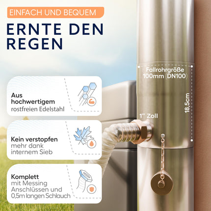 Rainwater collector with strainer for 100mm downpipes | increased yield | stainless steel | long 0.5m hose + barrel connection | downpipe rainwater collector | rainwater collector for 100mm downpipes, rain barrels - Drei Eichen