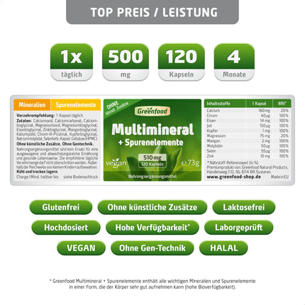 Greenfood Multimineral, high-dose, 510 mg - 120 capsules, vegan. Mineral complex &amp; trace elements - magnesium, calcium, zinc, selenium &amp; iodine - for bones, hair, nails &amp; nerves. From Greenfood.