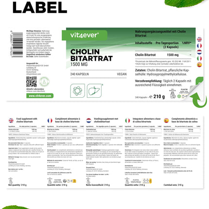 Pure Choline Capsules - 240 Capsules with 750 mg Choline Bitartrate - 4 Month Supply - Liver, Homocysteine ​​&amp; Lipid Metabolism - Active Choline - Natural - High Dosage - Vegan