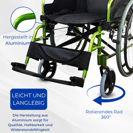 Mobiclinic®, Wheelchair, Bolonia, Aluminum, Foldable and lightweight, Folding split backrest, Removable footrest, Armrests, For adults, Green