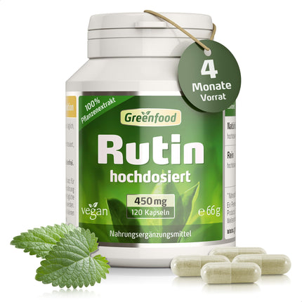 Rutin capsules, high-dose, 450 mg - 120 capsules, vegan. Pure, natural plant-based product. No artificial additives - laboratory-tested. From Greenfood.