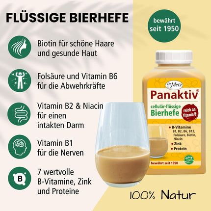 Panaktiv® - liquid brewer's yeast, 500 ml • Vitamin B1, B12, folic acid, biotin, vitamin B2, B6, niacin, zinc • for an active metabolism • for beautiful skin and hair • pure natural product