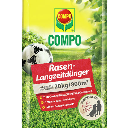 COMPO lawn fertilizer with 3 months of long-term effect for spring and summer - animal-friendly - premium lawn long-term fertilizer - 20 kg for 800 m²