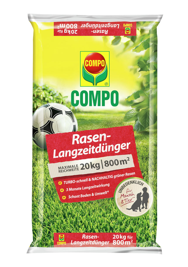 COMPO lawn fertilizer with 3 months of long-term effect for spring and summer - animal-friendly - premium lawn long-term fertilizer - 20 kg for 800 m²